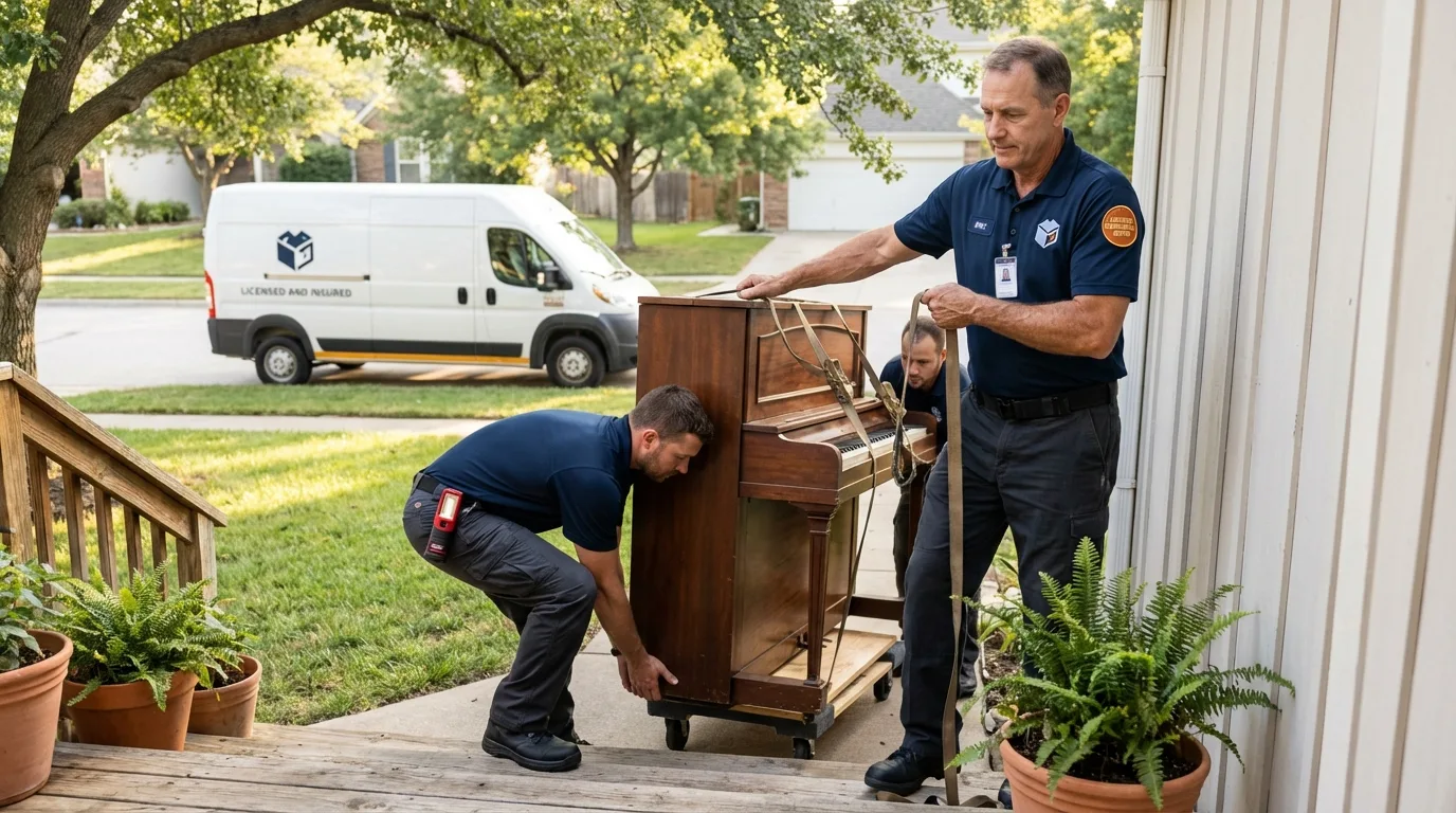 Licensed piano movers securing grand piano in Jewell, IA