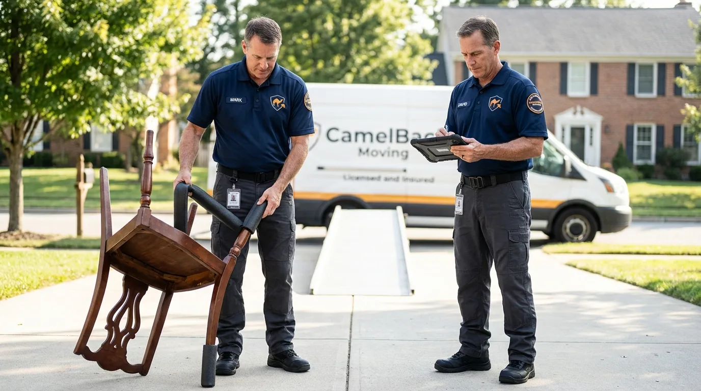 Movers inspecting furniture for damage prevention before loading in Jewell, IA