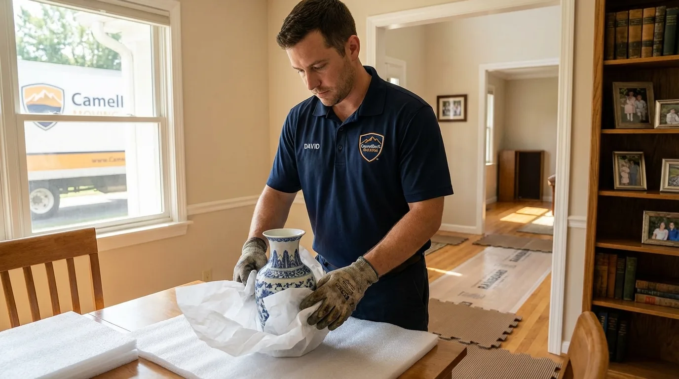 Professional crew carefully wrapping antique vase for senior downsizing move in Jewell, IA